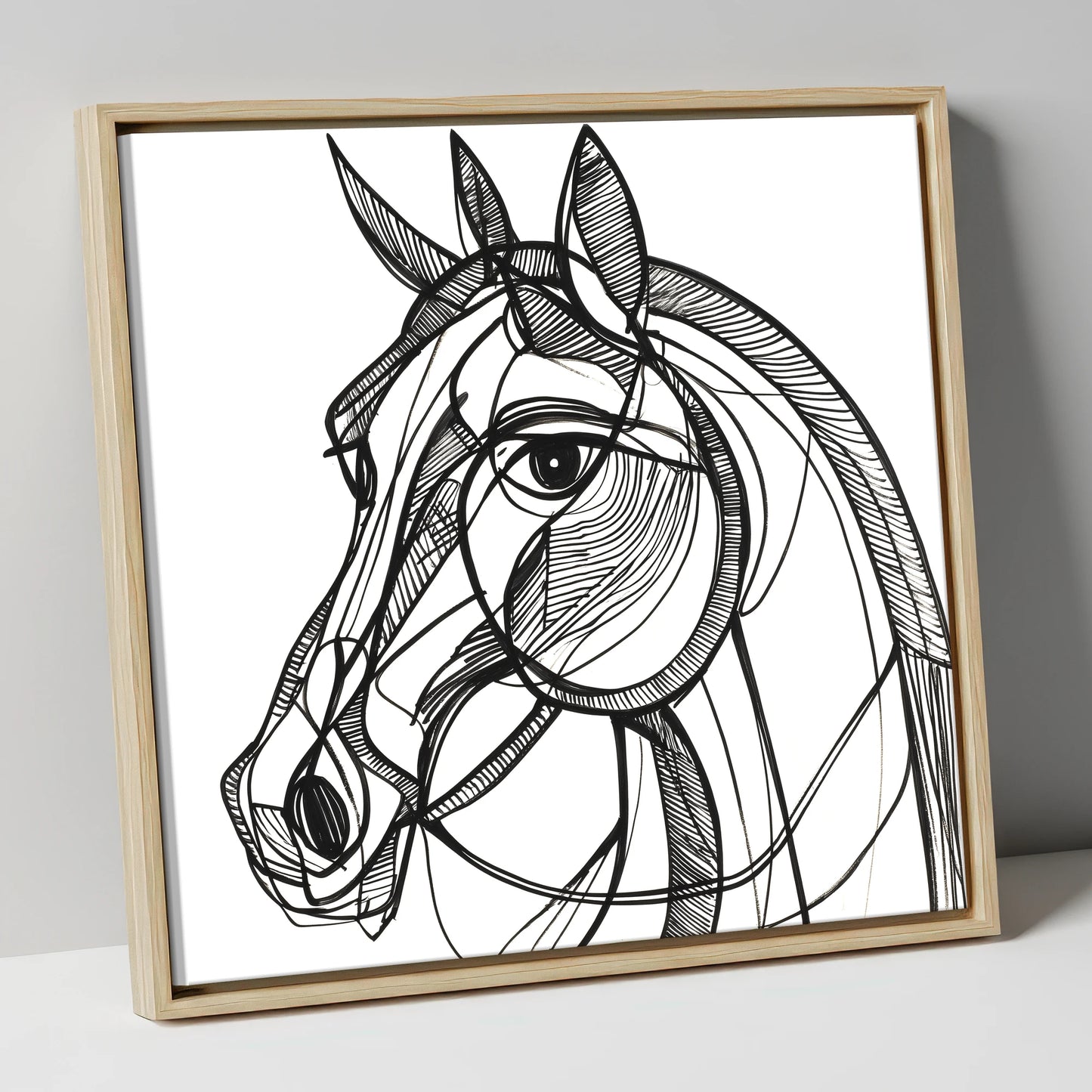 Bold Linear Equine horse portrait canvas wall art in natural frame