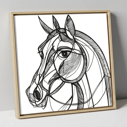 Bold Linear Equine horse portrait canvas wall art in natural frame