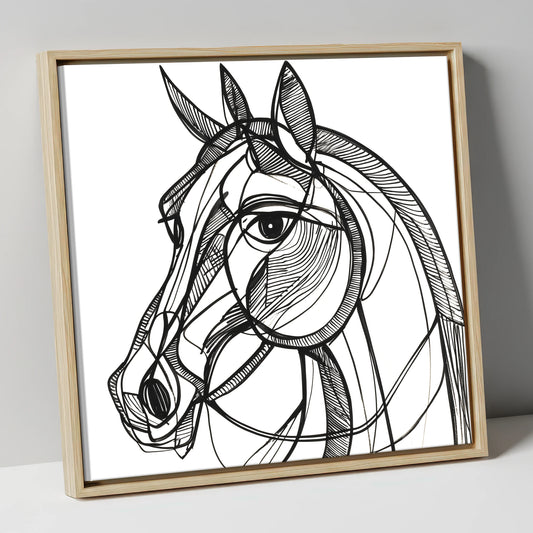 Bold Linear Equine horse portrait canvas wall art in natural frame