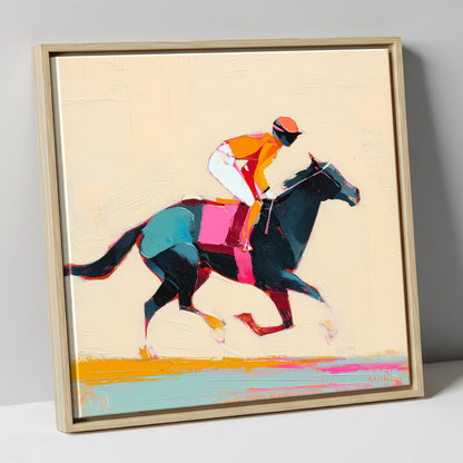 Colour on the Turf racing horse canvas wall art in natural frame