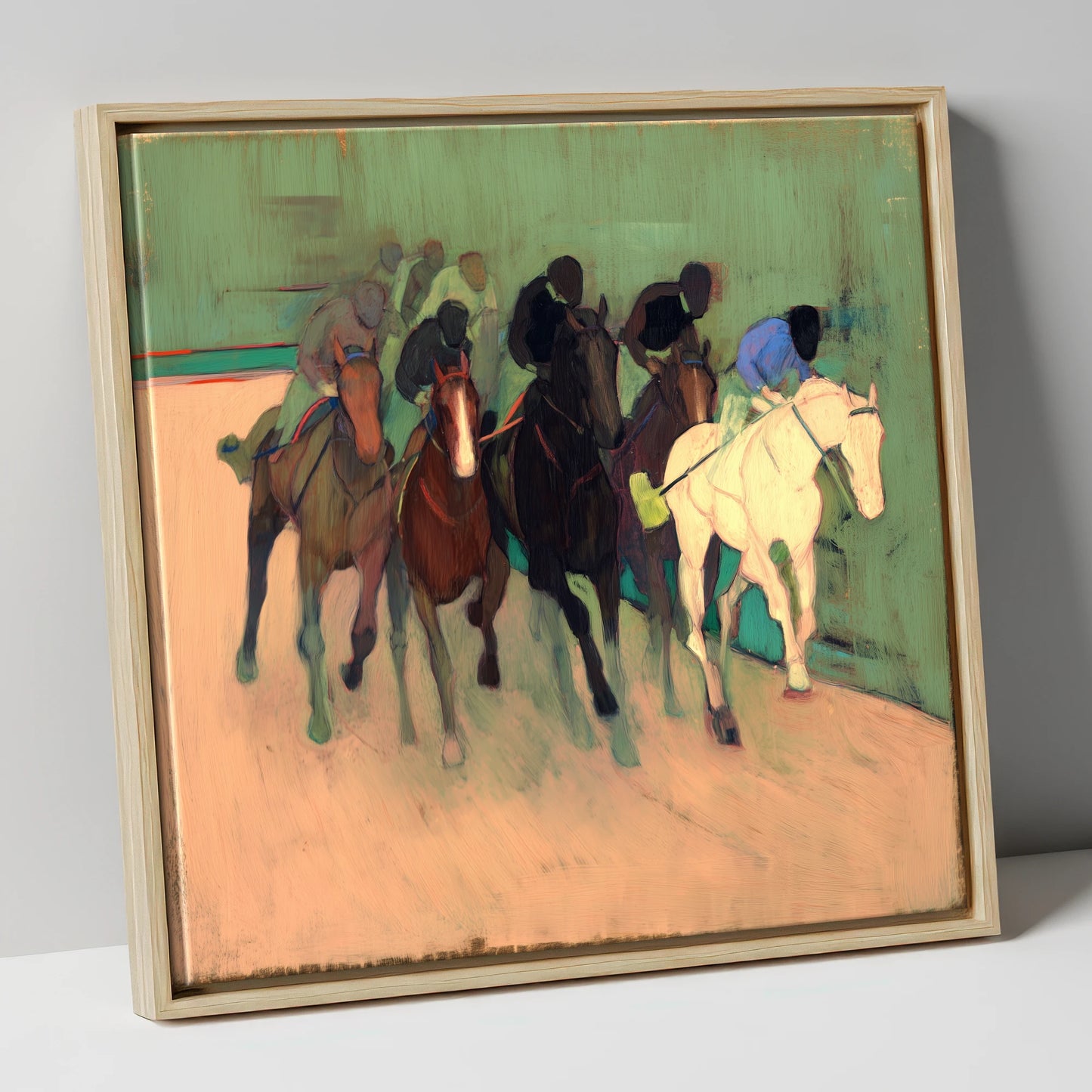 The Front Runners racing horse canvas wall art in natural frame
