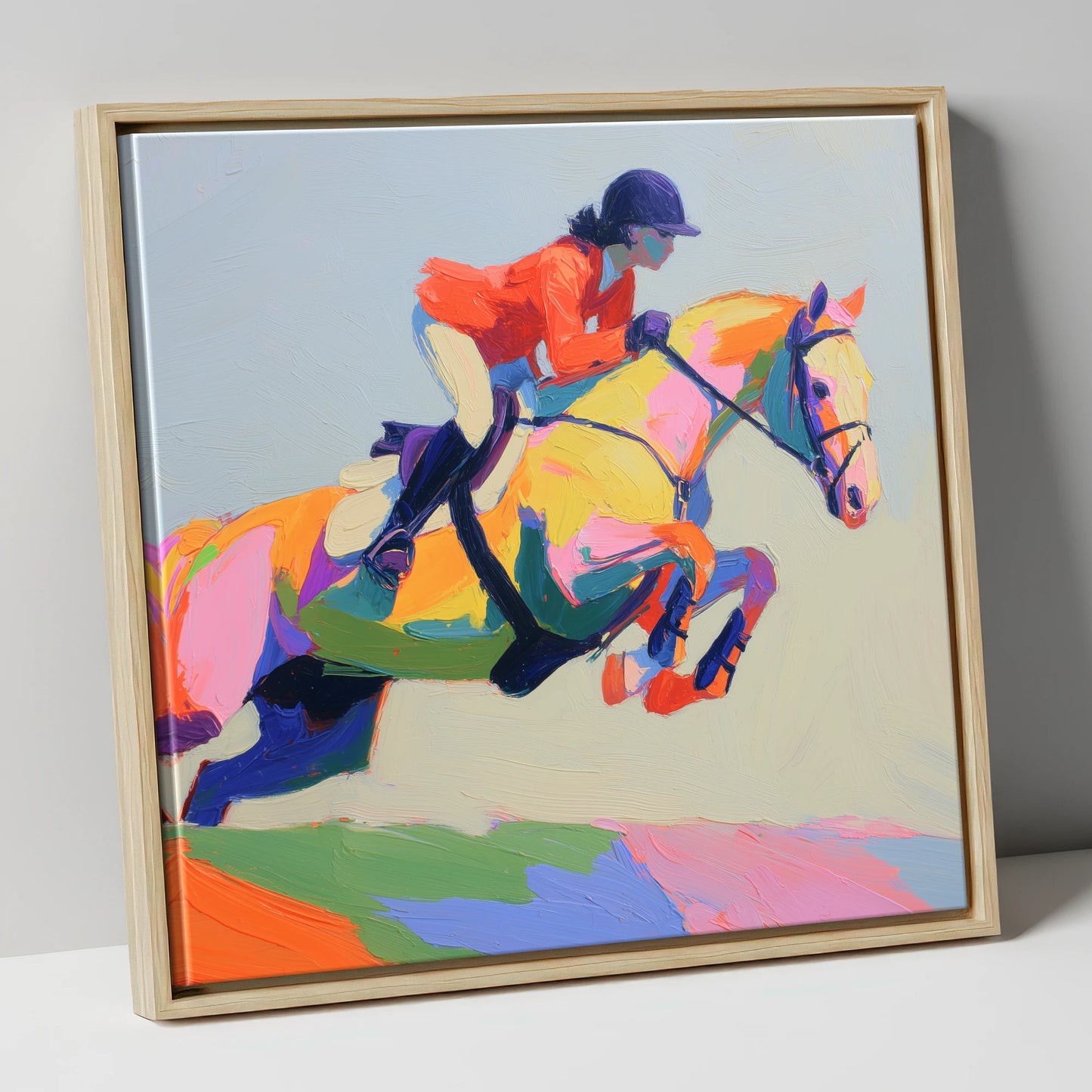 Chromatic Showjumper show jumping horse canvas wall art in natural frame