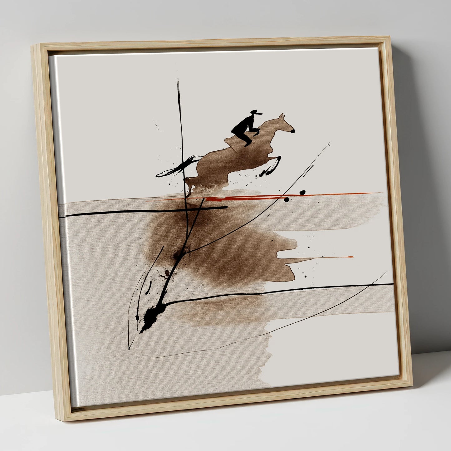 Sepia Suspension show jumping horse canvas wall art in natural frame