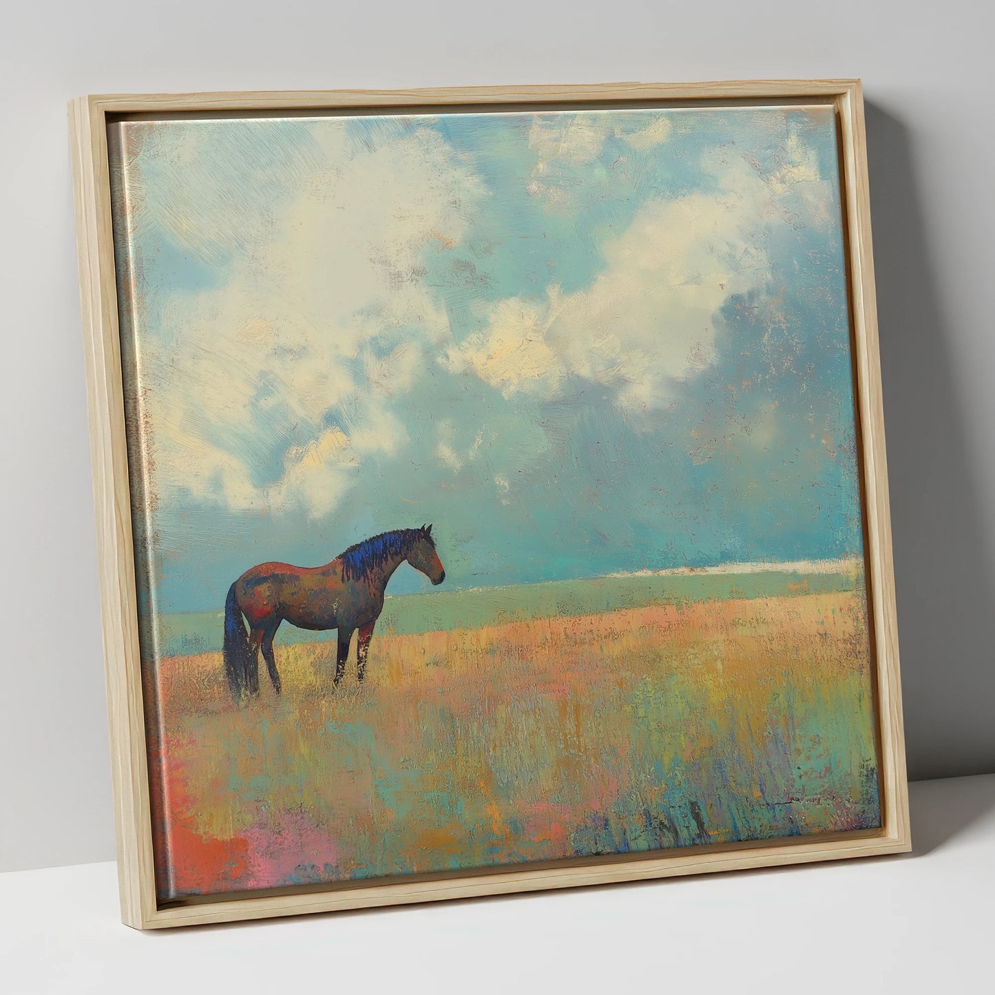 Beneath Turquoise Skies horse landscape canvas wall art in natural frame
