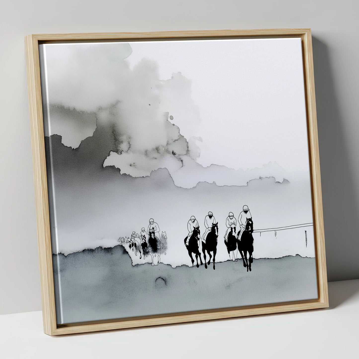 The Morning Gallops racing horse canvas wall art in natural frame