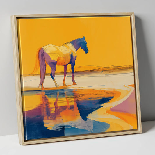 Golden Equine Mirage horse landscape canvas wall art in natural frame
