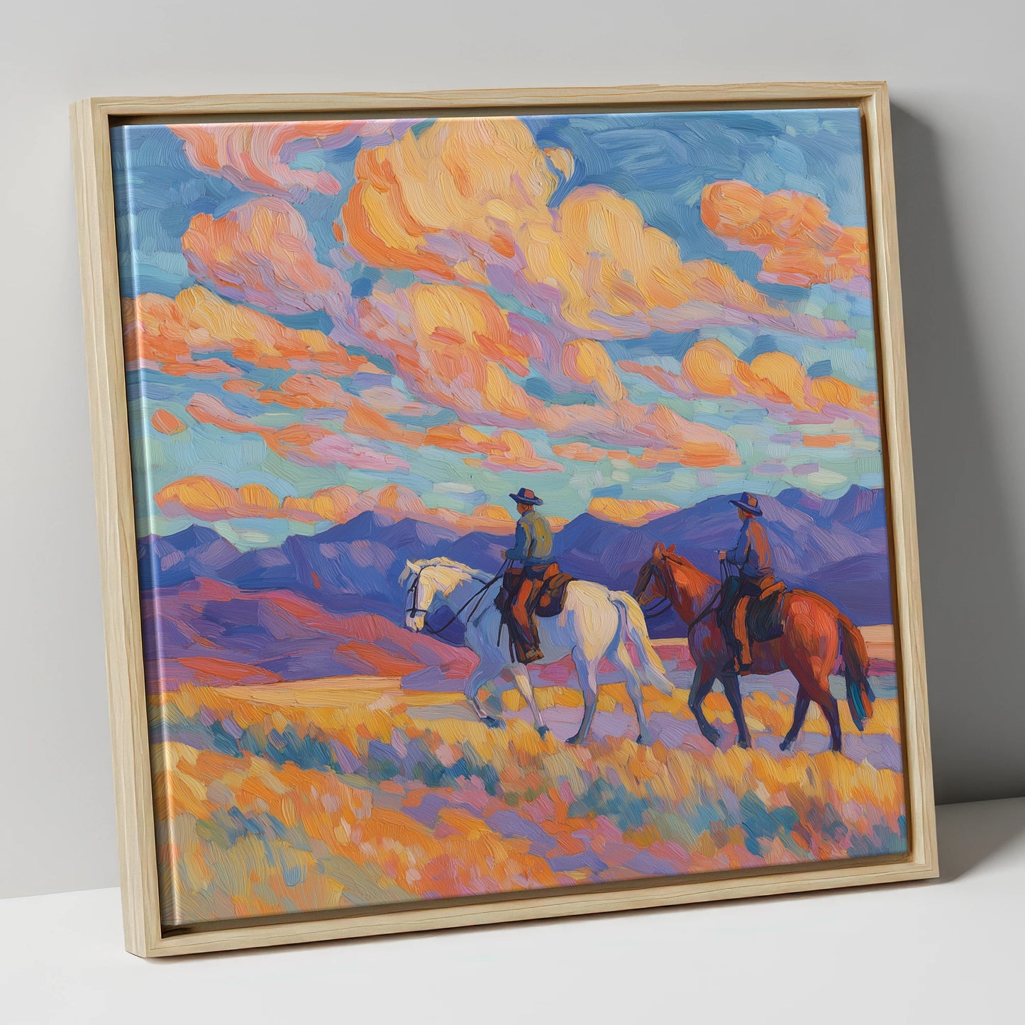 Painted Horizon Riders horse landscape canvas wall art in natural frame