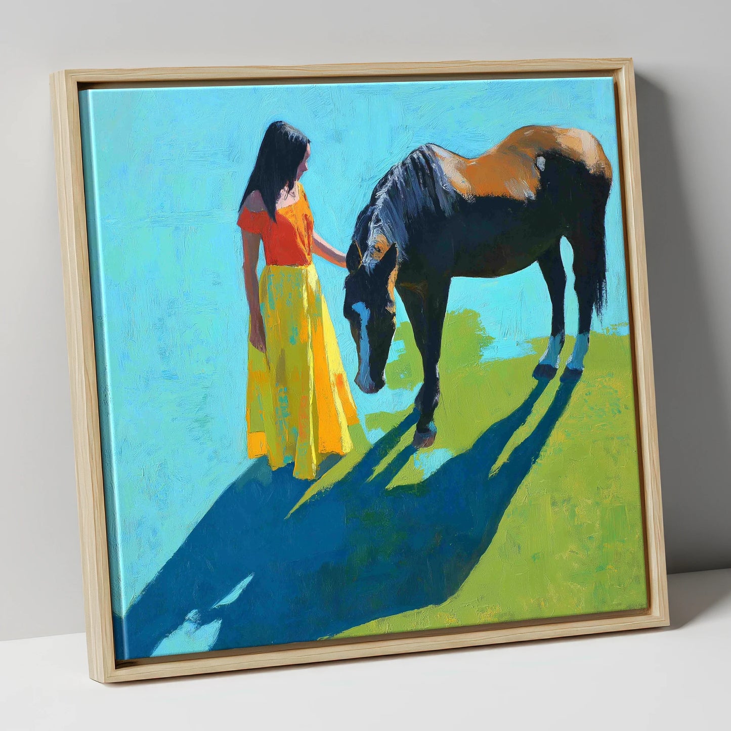 Sunlit Connection horse & rider canvas wall art in natural frame