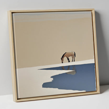 Solitary Reflection horse landscape canvas wall art in natural frame