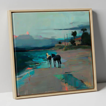 Dusk on the Shoreline horse landscape canvas wall art in natural frame