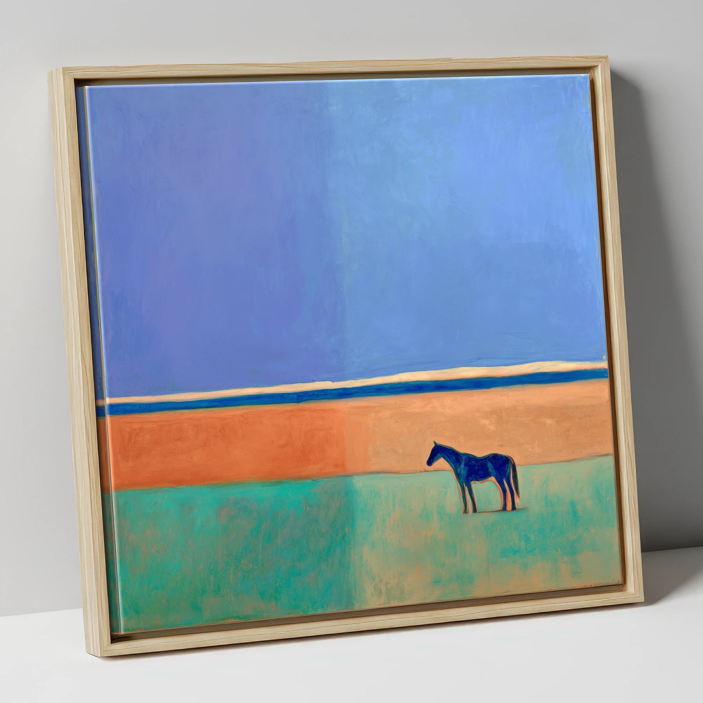Cobalt Horizon horse landscape canvas wall art in natural frame