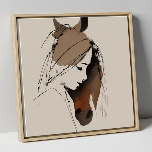 Intertwined Spirits horse & rider canvas wall art in natural frame
