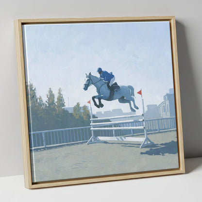 Airborne in Blue show jumping horse canvas wall art in natural frame