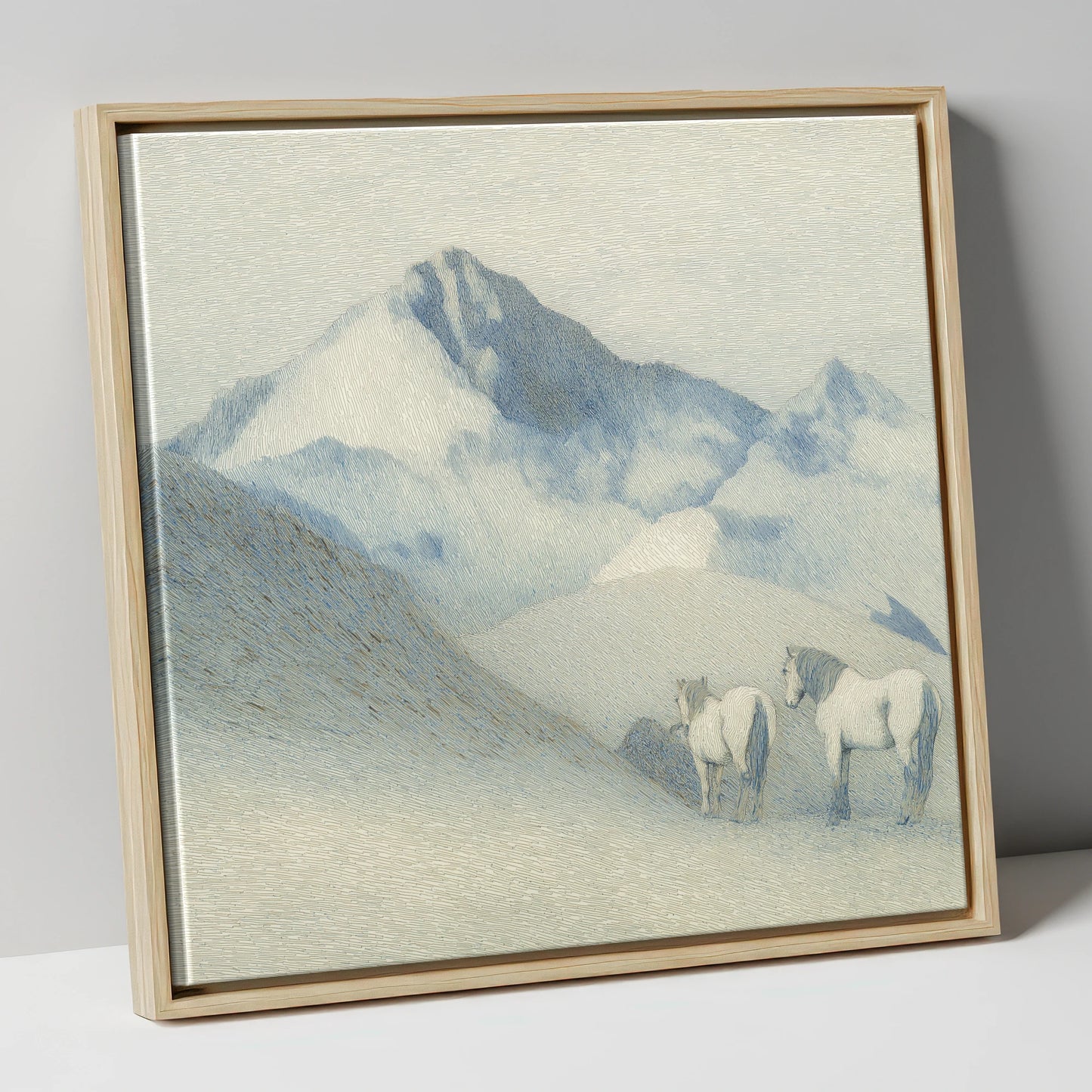 Slate Blue Peaks horse landscape canvas wall art in natural frame