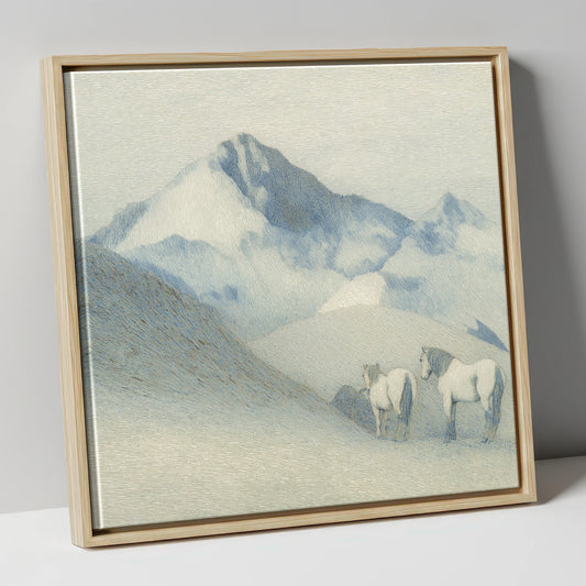 Slate Blue Peaks horse landscape canvas wall art in natural frame