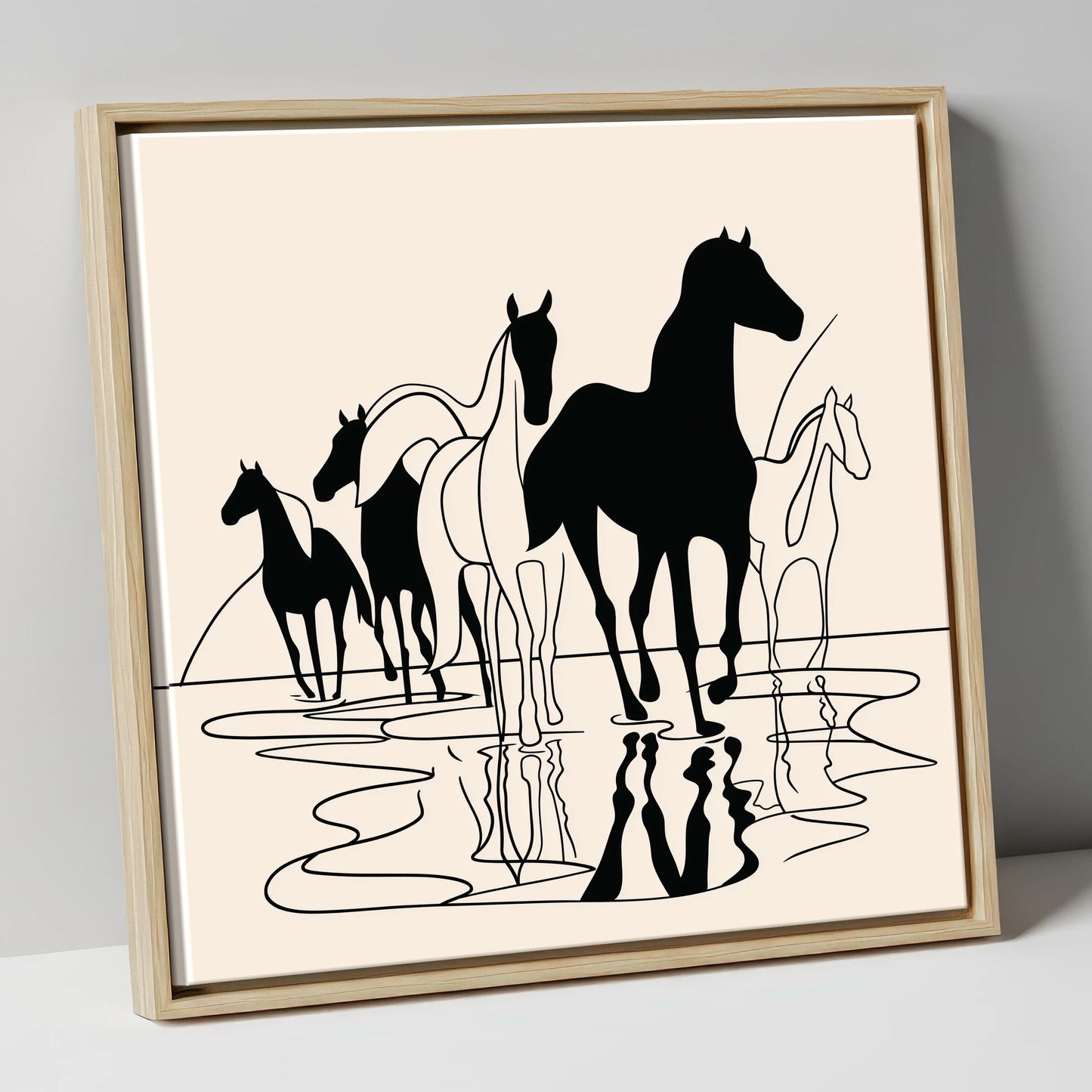 Ink Silhouettes at Water wild horses canvas wall art in natural frame