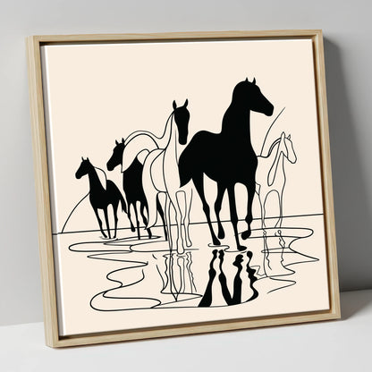 Ink Silhouettes at Water wild horses canvas wall art in natural frame