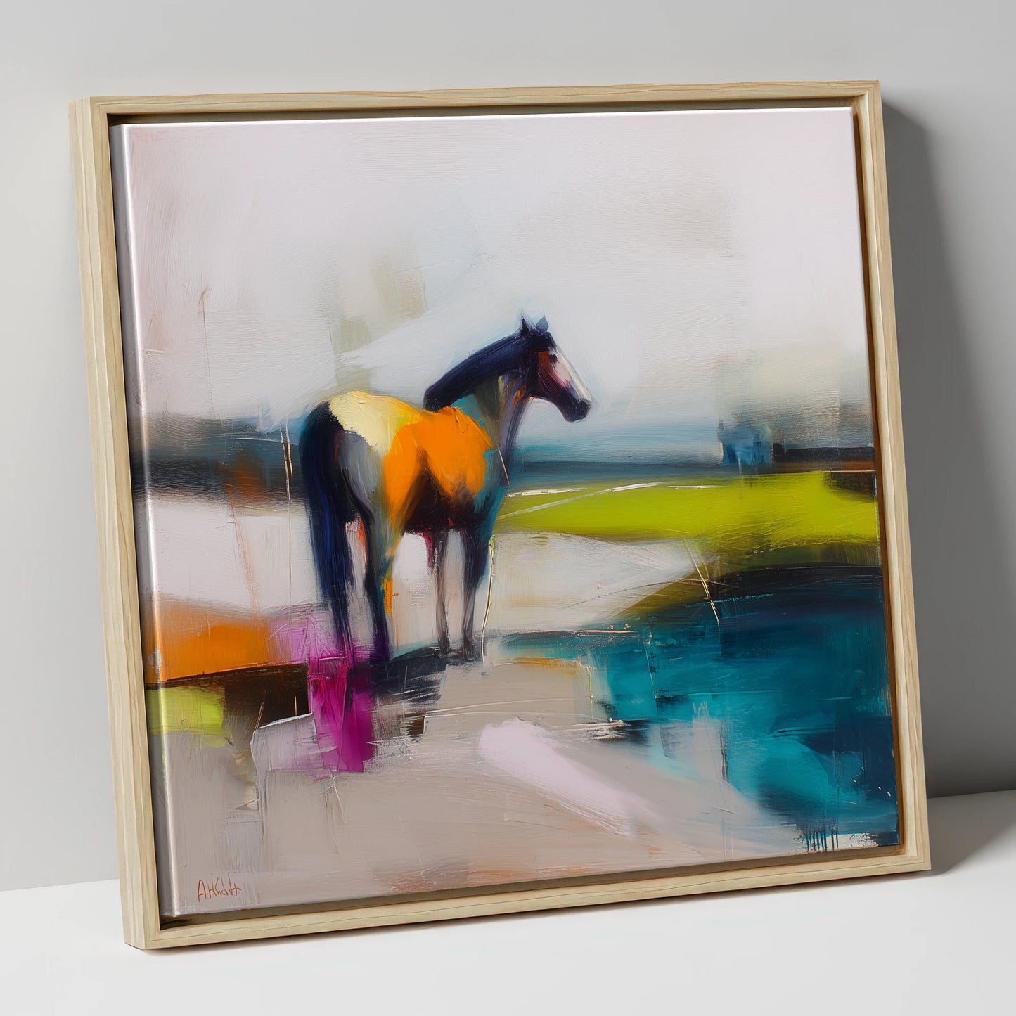 Abstract Equine Horizon horse landscape canvas wall art in natural frame