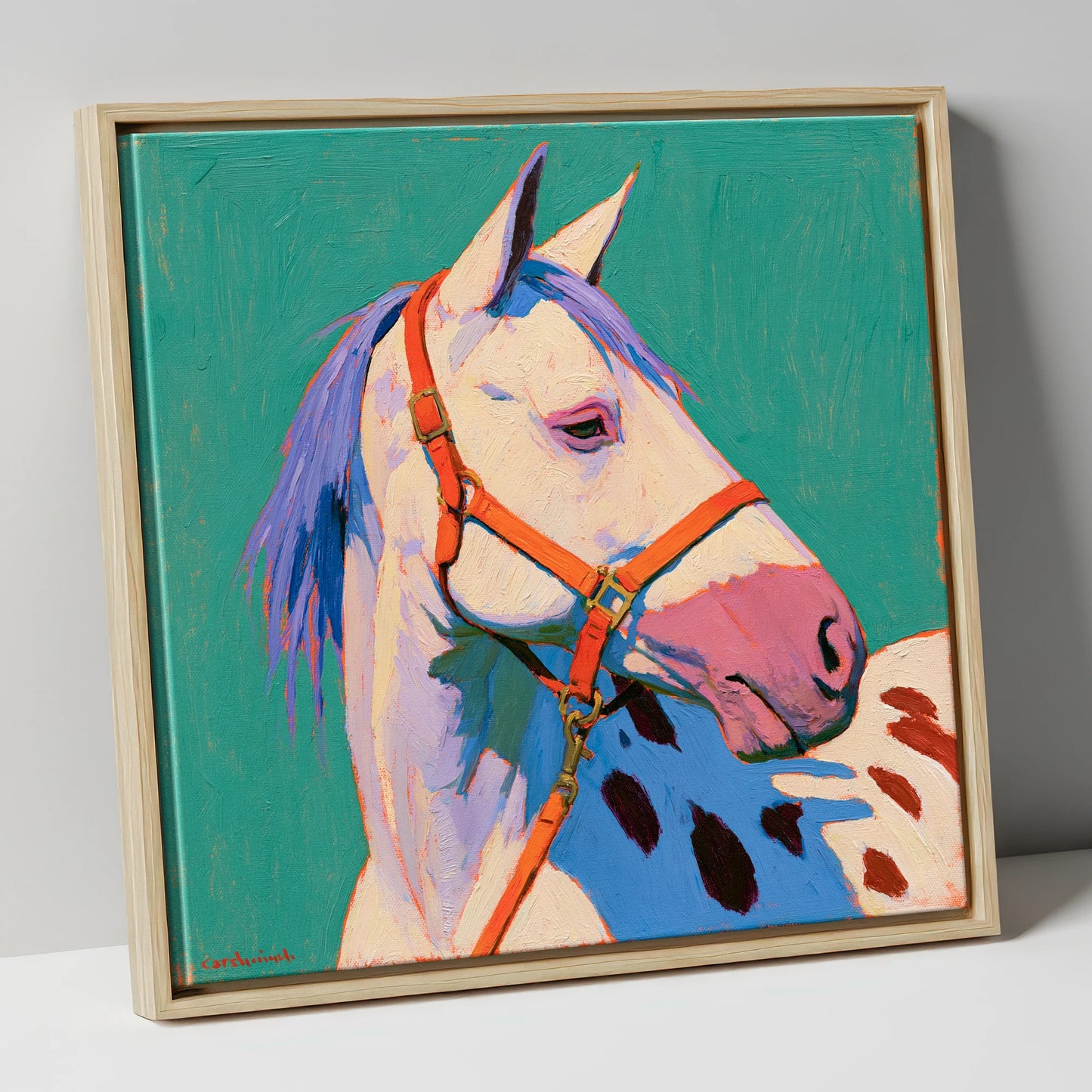 Colourful Appaloosa on Teal Background horse breed canvas wall art in natural frame