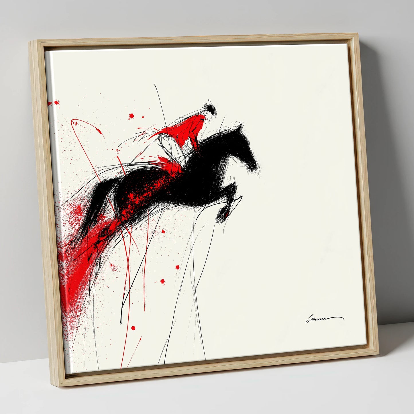 Crimson Flight show jumping horse canvas wall art in natural frame