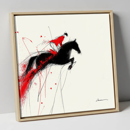 Crimson Flight show jumping horse canvas wall art in natural frame