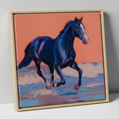 Vibrant Indigo Surf beach horse canvas wall art in natural frame