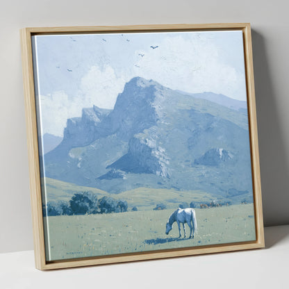 Solitude Beneath the Peak horse landscape canvas wall art in natural frame