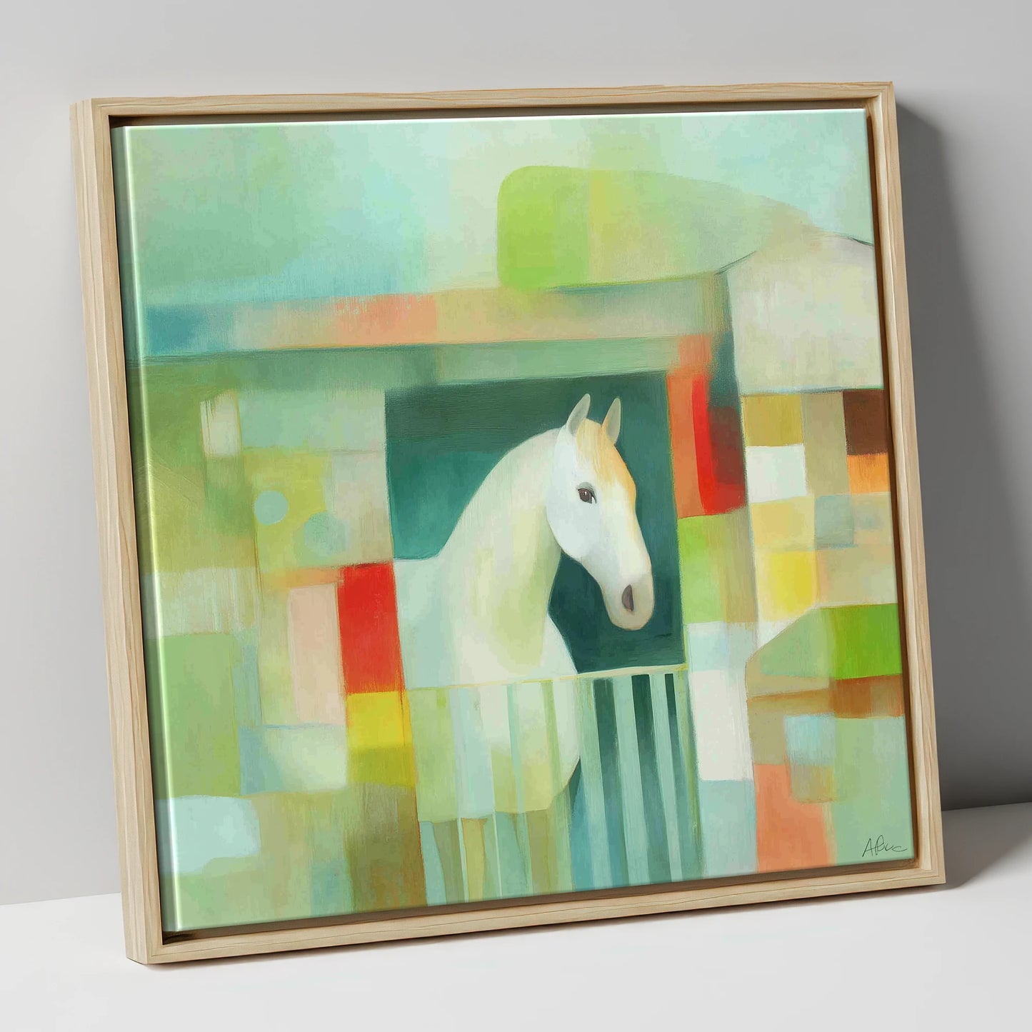 Geometric Stable Grey horse stable canvas wall art in natural frame