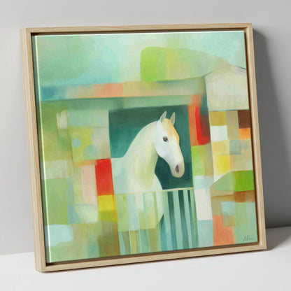Geometric Stable Grey horse stable canvas wall art in natural frame