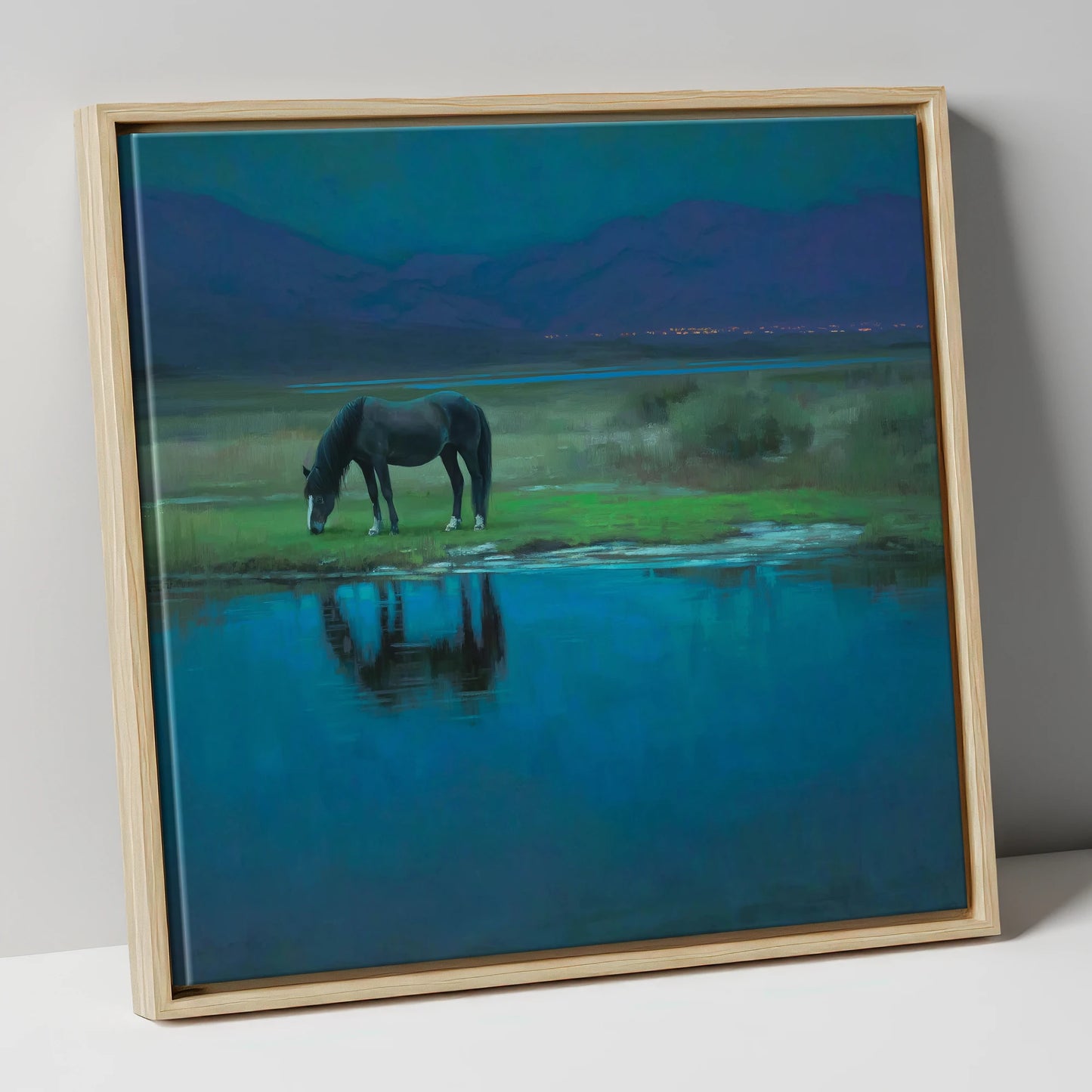 Midnight Reflection horse landscape canvas wall art in natural frame
