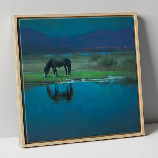 Midnight Reflection horse landscape canvas wall art in natural frame