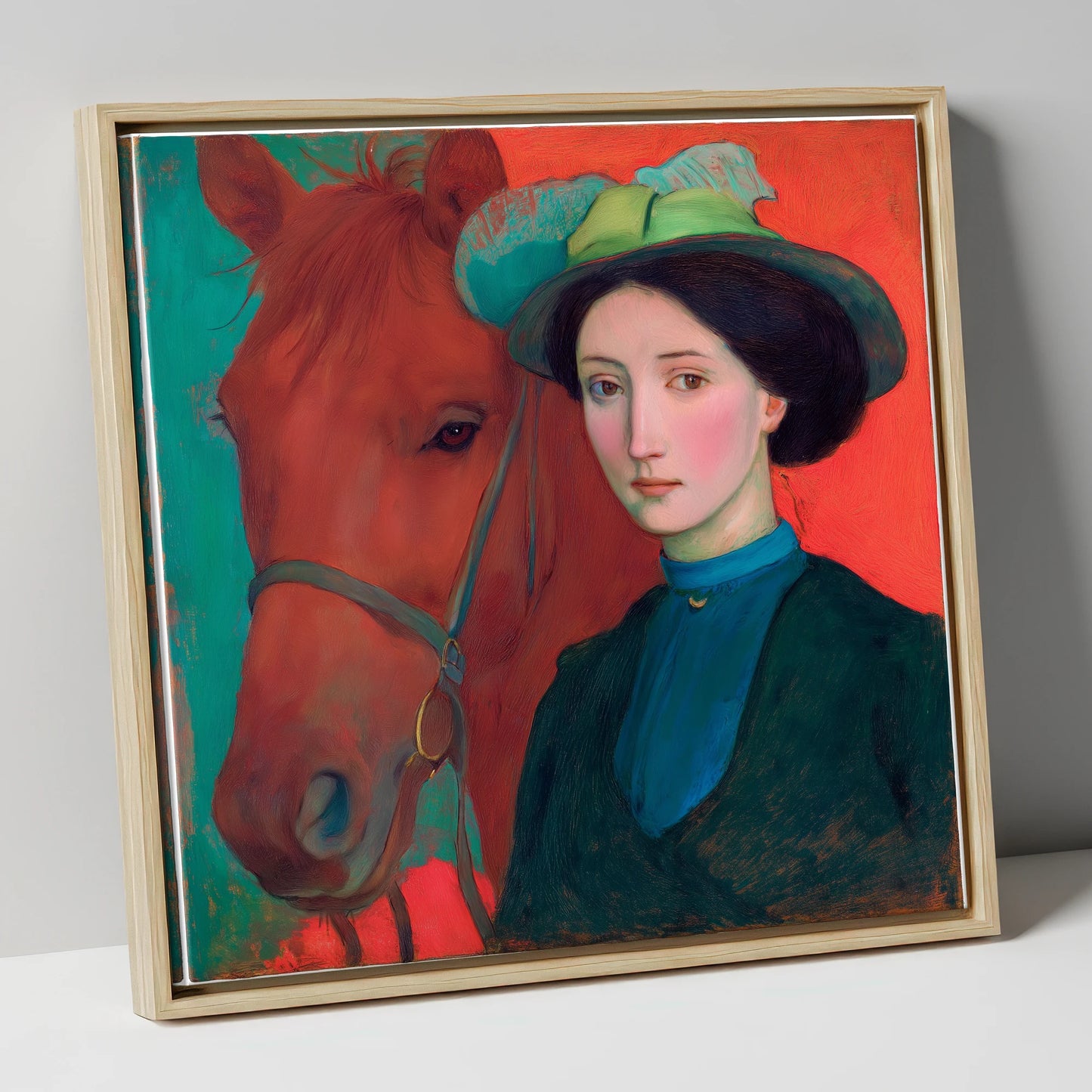 Crimson and Teal Bond horse & rider canvas wall art in natural frame