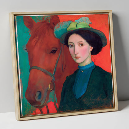 Crimson and Teal Bond horse & rider canvas wall art in natural frame