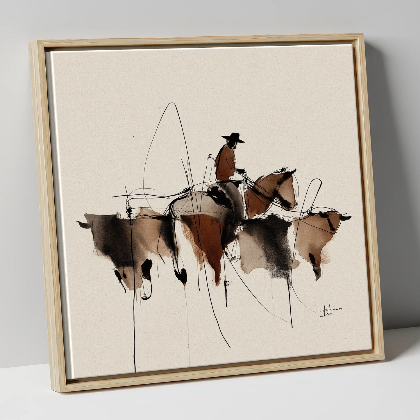The Cattle Drive western horse canvas wall art in natural frame