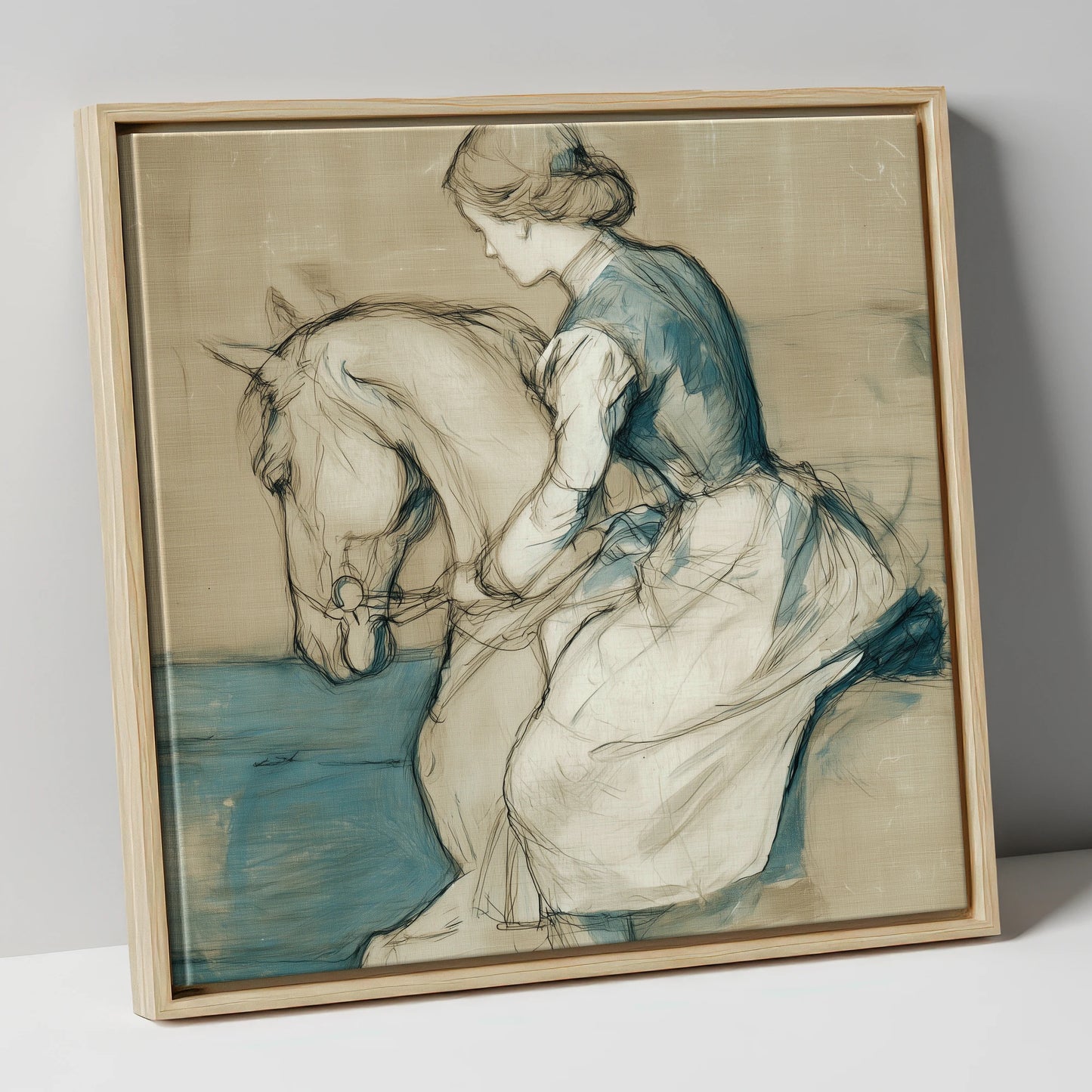A Quiet Harmony horse & rider canvas wall art in natural frame