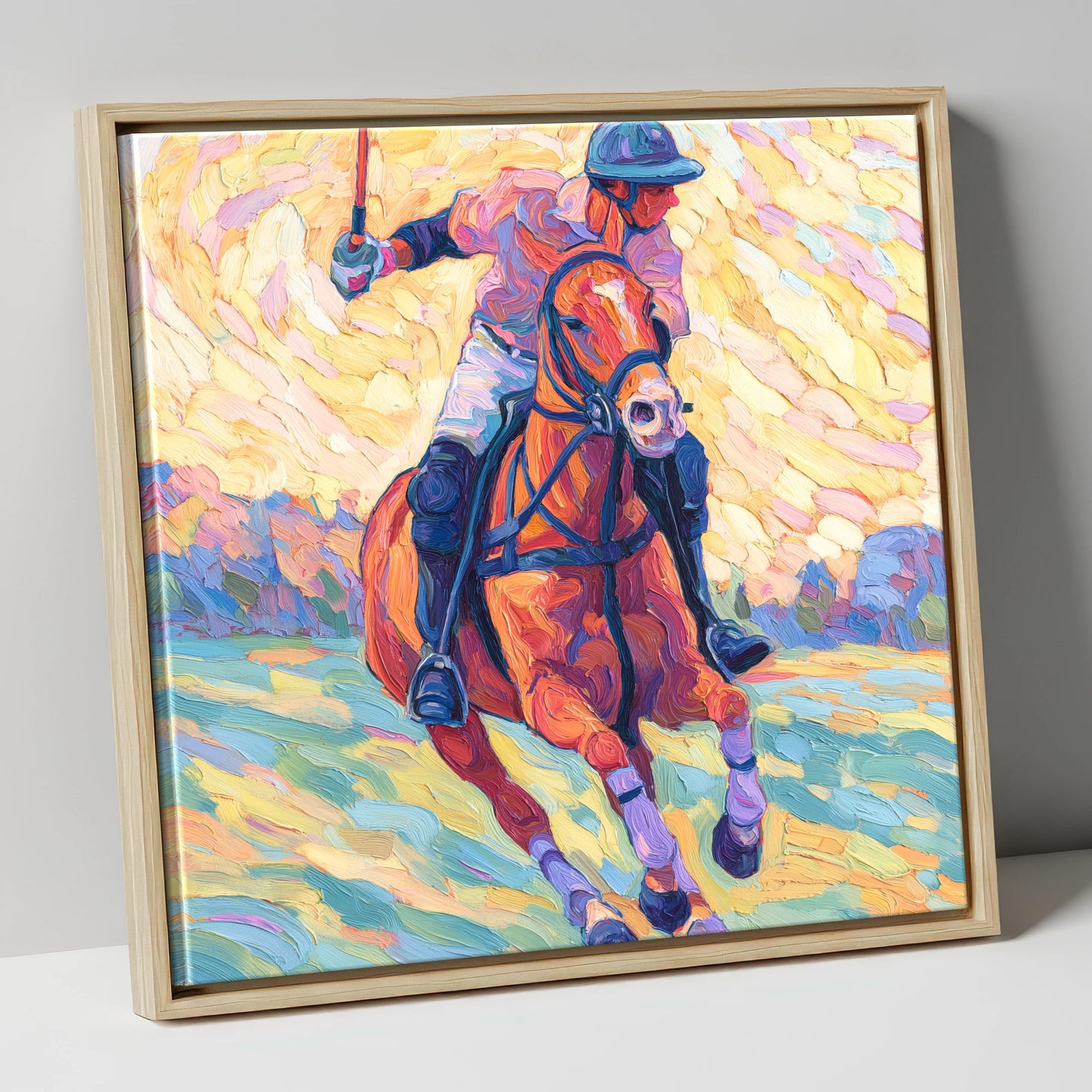 Vivid Polo Pursuit polo horse canvas wall art in natural frame
