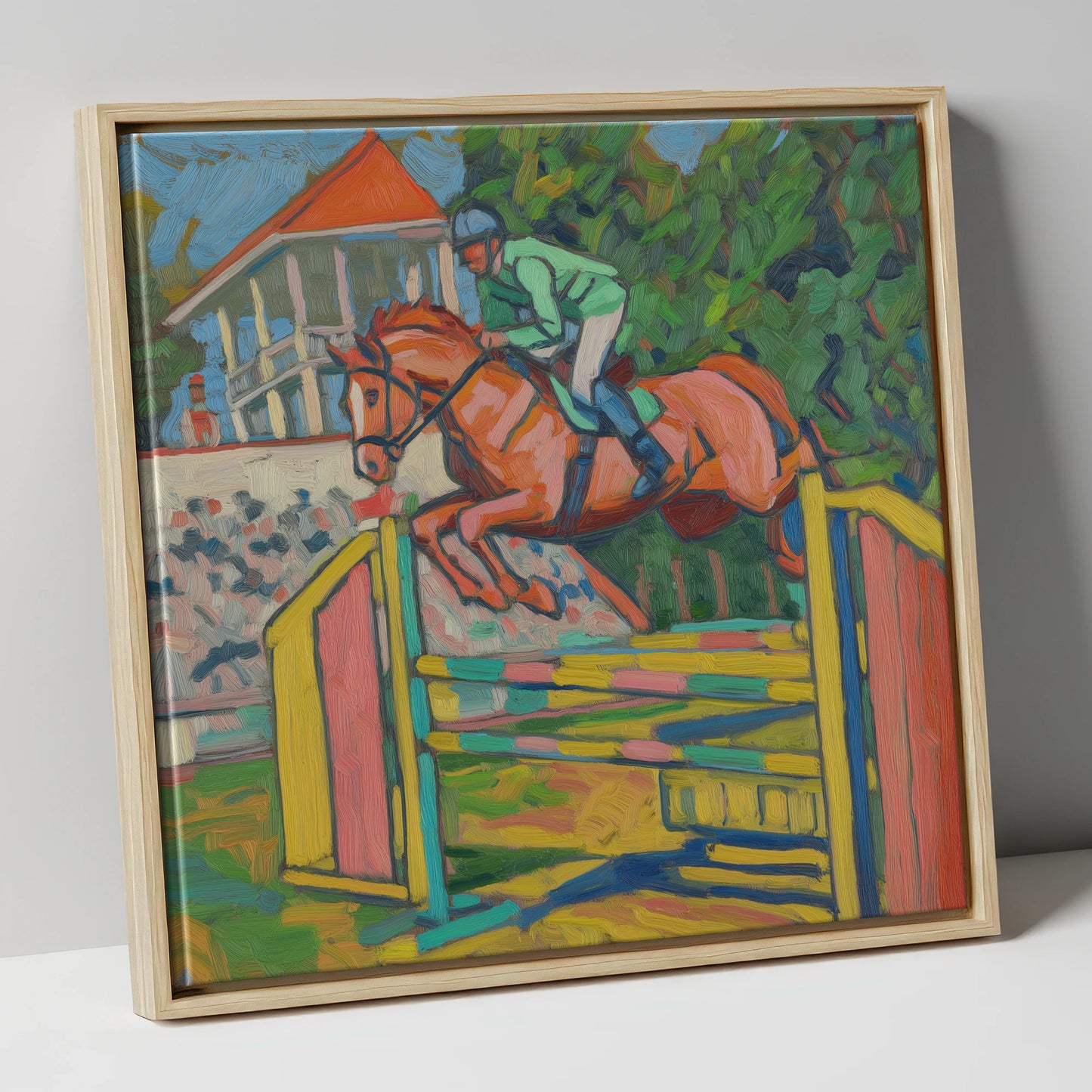 Clearing the Colours show jumping horse canvas wall art in natural frame