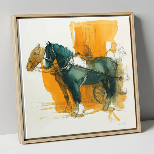 Harnessed in Amber working horse canvas wall art in natural frame