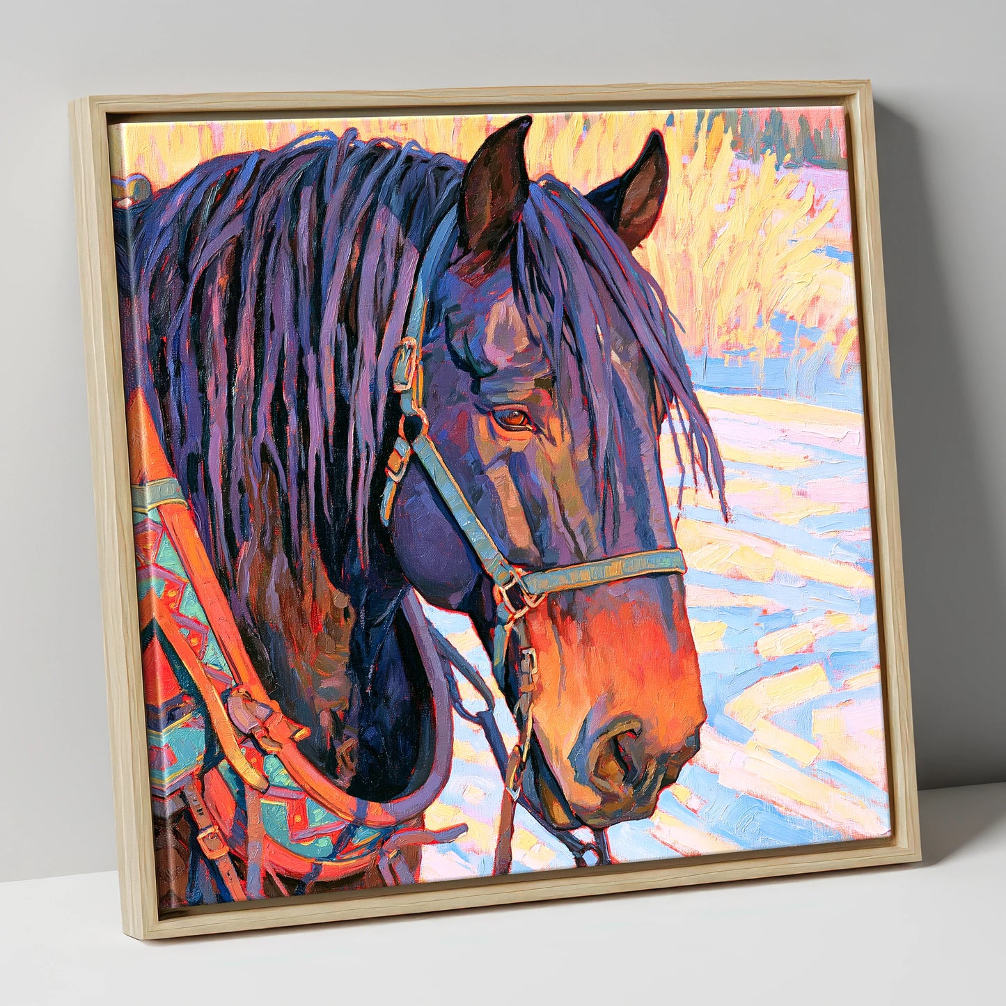 Vibrant Heavy Horse In Winter Light horse breed canvas wall art in natural frame