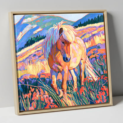 Fjord Horse in Vibrant Mountains horse breed canvas wall art in natural frame