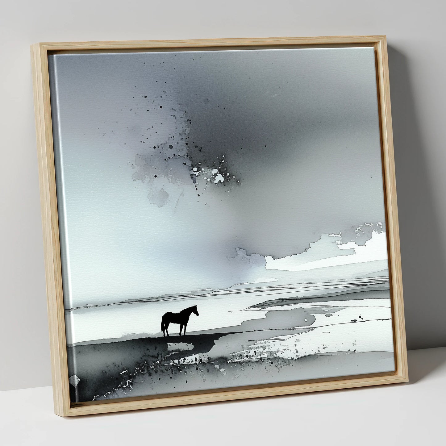 Solitary Horizon horse landscape canvas wall art in natural frame