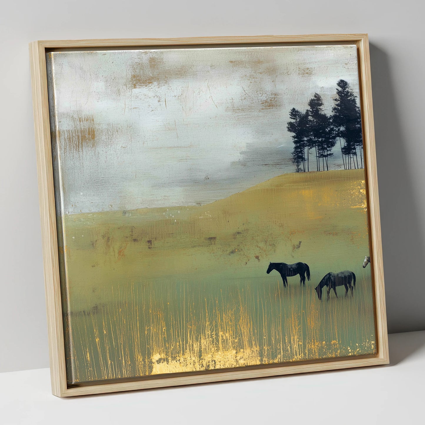 Gilded Grazing wild horses canvas wall art in natural frame