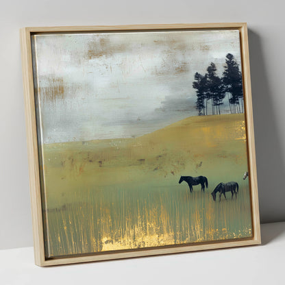 Gilded Grazing wild horses canvas wall art in natural frame