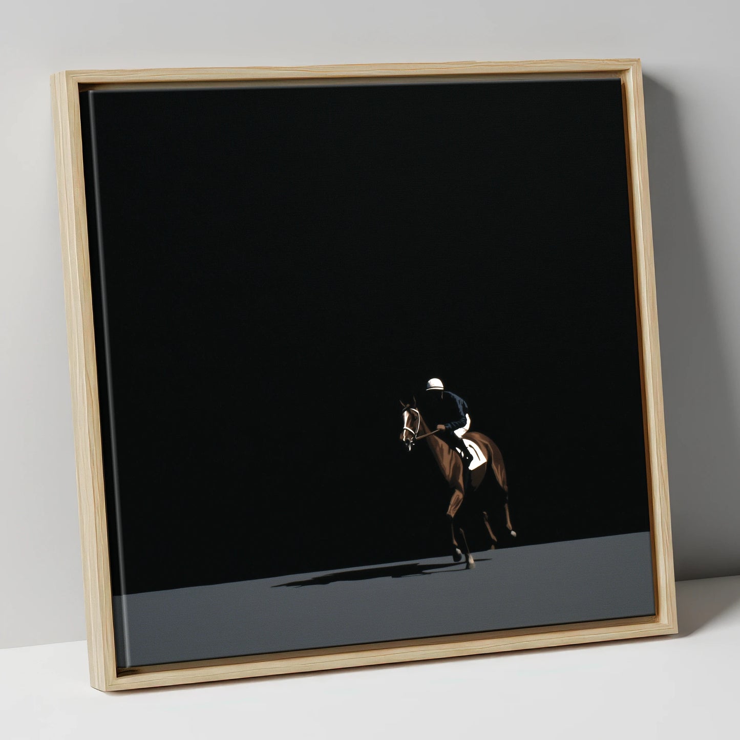 Out of the Shadows racing horse canvas wall art in natural frame