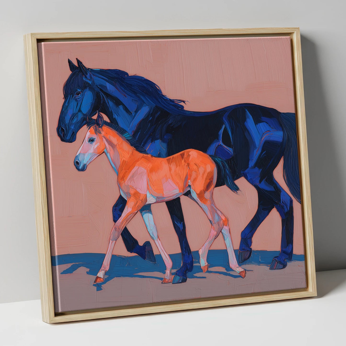 Cobalt and Coral mare & foal canvas wall art in natural frame