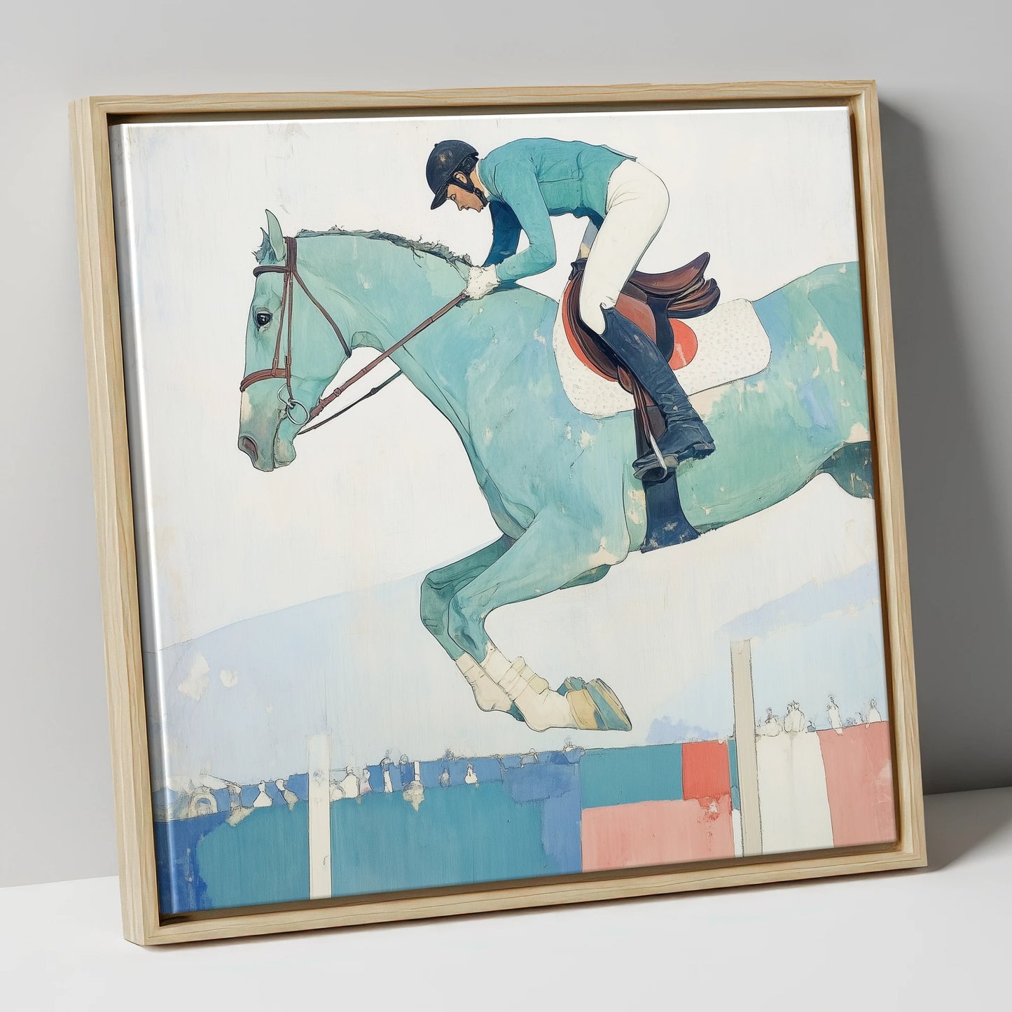 Aquamarine Ascent show jumping horse canvas wall art in natural frame