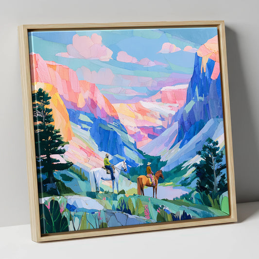 Painted Canyon Trail horse landscape canvas wall art in natural frame
