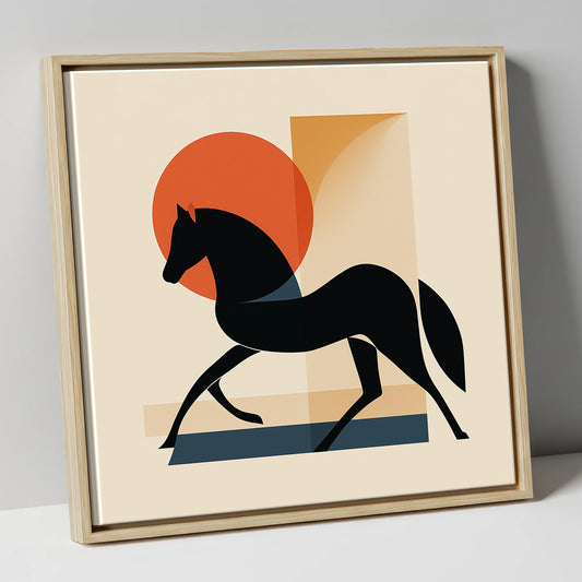 Mid-Century Equine Silhouette horse portrait canvas wall art in natural frame