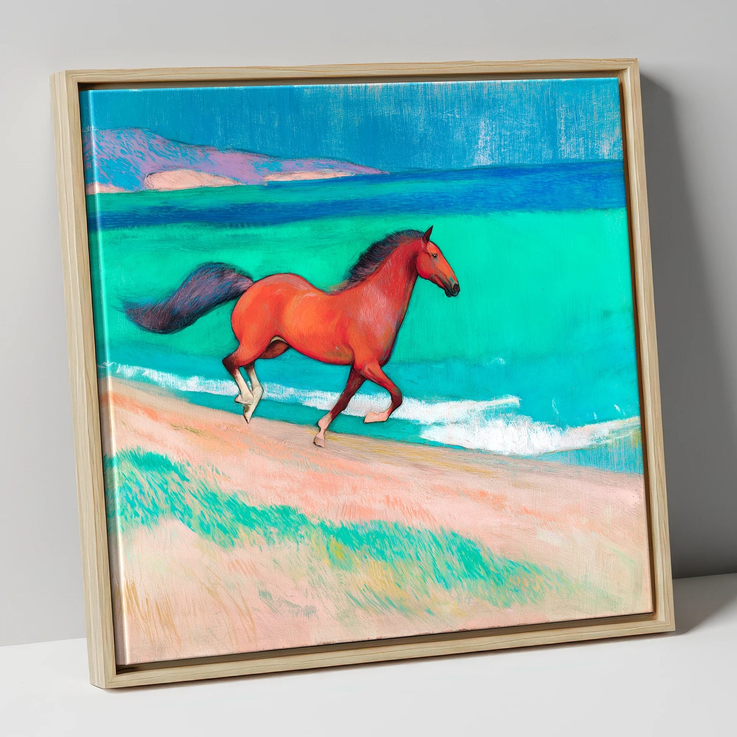Crimson Coastal Canter horse landscape canvas wall art in natural frame