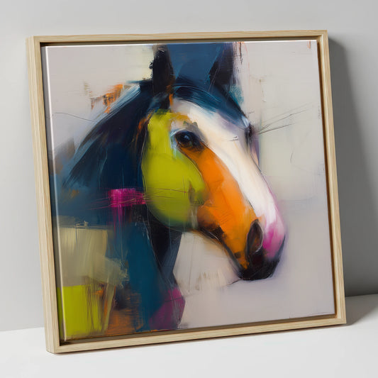 Vibrant Contemporary Profile horse portrait canvas wall art in natural frame